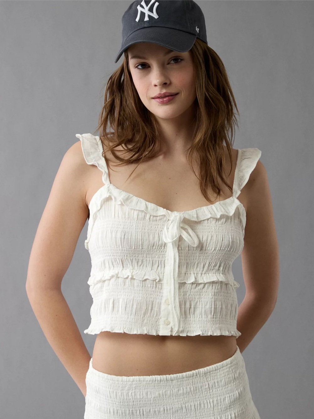 NWT American Eagle ($44.95) 100% Cotton Smocked Ruffle Tank Top White XL